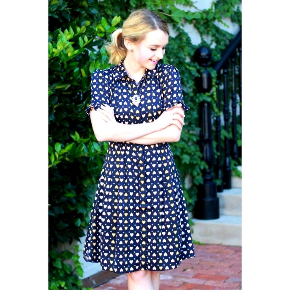 J. CREW Dress 6 Silk Shirt Style Button Down Multi-Color Heart Print Workwear